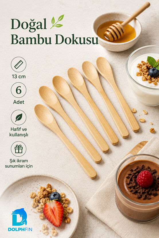 Mini Bambu Kaşık 6’lı Set 15 cm Doğal Bambu Tatlı Reçel Bal Baharat Sunum Kaşığı