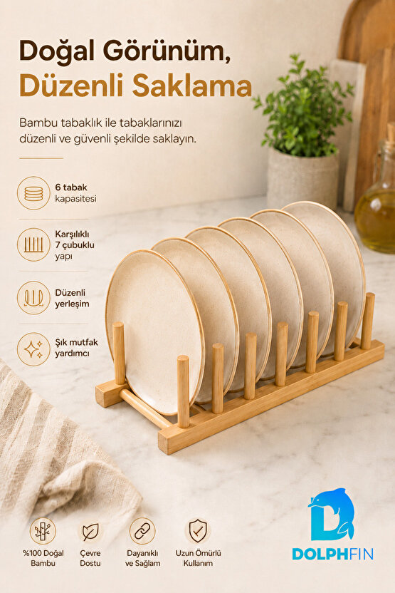 Bambu 6 Tabaklık Doğal Bambu Tabak Kapak Saklama Mutfak Düzenleyici Organizer