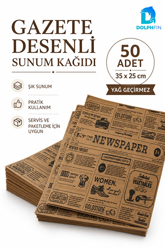 Gazete Desenli Sunum Kağıdı 50 Adet 35x25 cm Yağ Geçirmez Hamburger Patates Servis Kağıdı