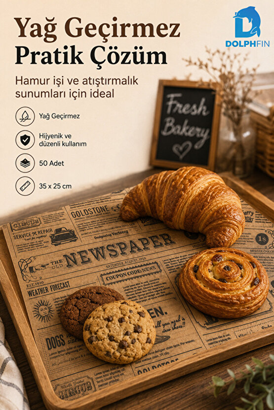 Gazete Desenli Sunum Kağıdı 50 Adet 35x25 cm Yağ Geçirmez Hamburger Patates Servis Kağıdı