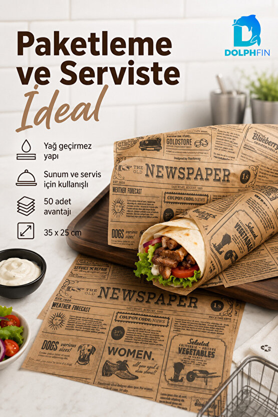 Gazete Desenli Sunum Kağıdı 50 Adet 35x25 cm Yağ Geçirmez Hamburger Patates Servis Kağıdı