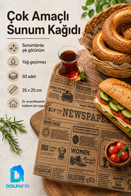 Gazete Desenli Sunum Kağıdı 50 Adet 35x25 cm Yağ Geçirmez Hamburger Patates Servis Kağıdı