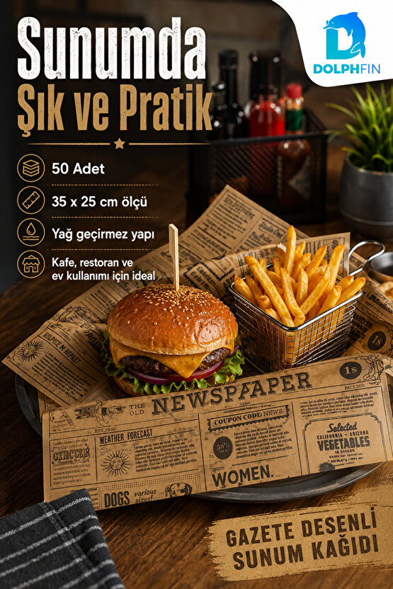 Gazete Desenli Sunum Kağıdı 50 Adet 35x25 cm Yağ Geçirmez Hamburger Patates Servis Kağıdı