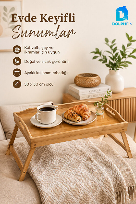 Katlanabilir Bambu Keyif Tepsisi 50x30 cm Ayaklı Kahvaltı Servis Tepsisi Yatak Sehpası