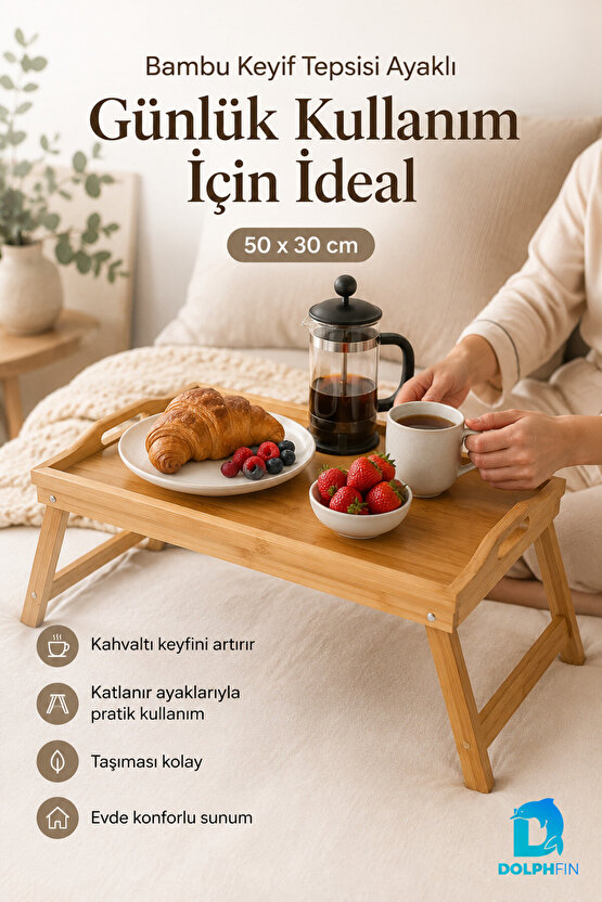 Katlanabilir Bambu Keyif Tepsisi 50x30 cm Ayaklı Kahvaltı Servis Tepsisi Yatak Sehpası