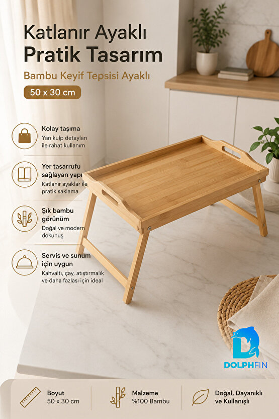 Katlanabilir Bambu Keyif Tepsisi 50x30 cm Ayaklı Kahvaltı Servis Tepsisi Yatak Sehpası