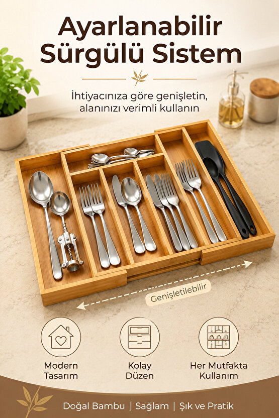 Bambu Kaşıklık Ayarlanabilir Çekmece İçi Çatal Kaşık Bıçak Düzenleyici Organizer 30-43x35 cm