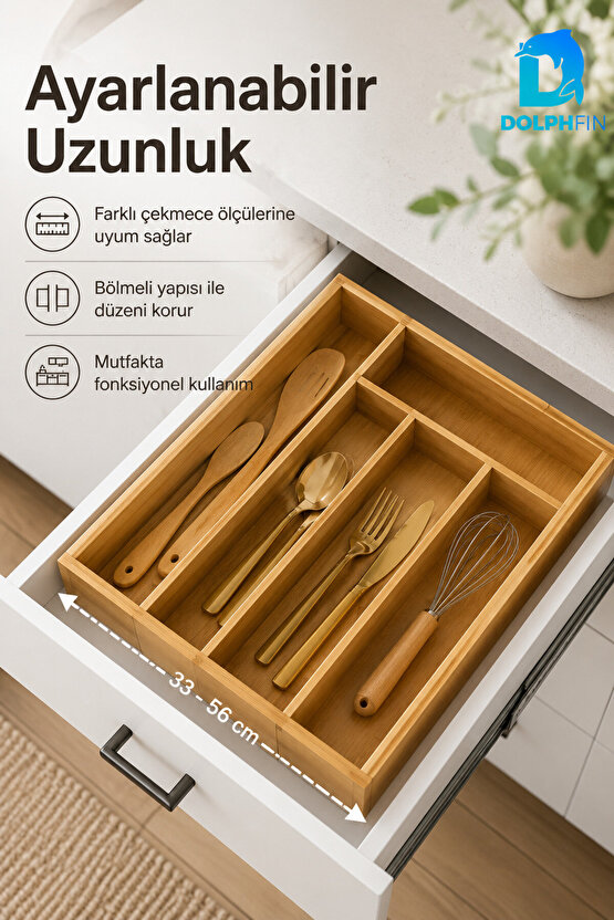 Bambu Kaşıklık Ayarlanabilir Çekmece İçi Çatal Kaşık Bıçak Düzenleyici Organizer 30-43x35 cm