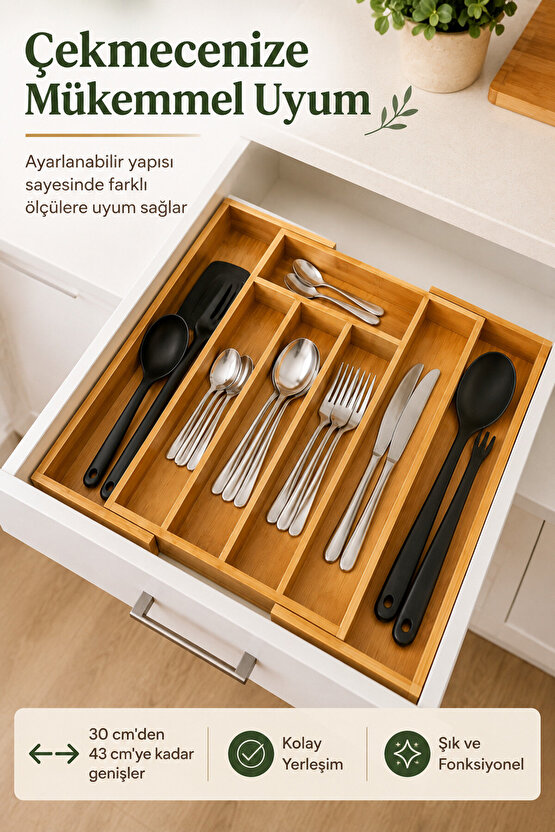 Bambu Kaşıklık Ayarlanabilir Çekmece İçi Çatal Kaşık Bıçak Düzenleyici Organizer 30-43x35 cm