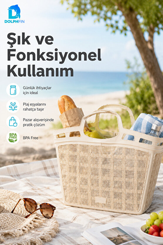 Jute Pazar Çantası Plastik Alışveriş Taşıma Sepeti Mutfak Kiler Saklama Organizeri 36x17x43 cm