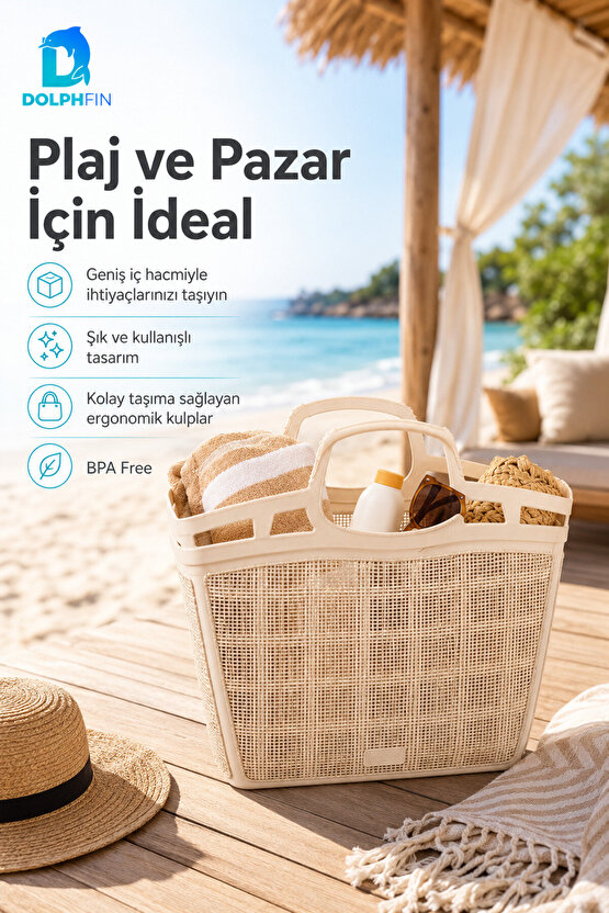 Jute Pazar Çantası Plastik Alışveriş Taşıma Sepeti Mutfak Kiler Saklama Organizeri 36x17x43 cm
