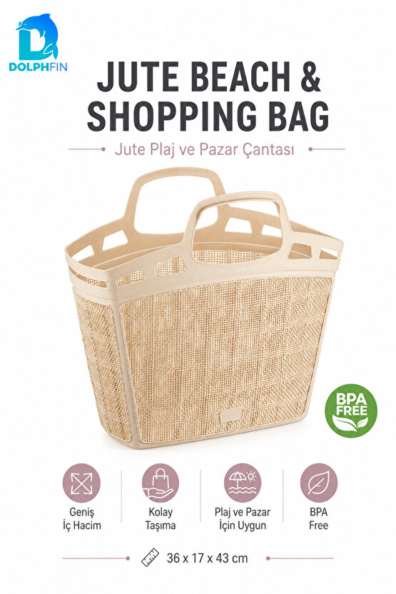 Jute Pazar Çantası Plastik Alışveriş Taşıma Sepeti Mutfak Kiler Saklama Organizeri 36x17x43 cm