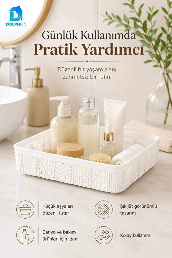 Jute Çok Amaçlı Sepet 5 L Mutfak Banyo Dolap İçi Saklama Düzenleyici Organizer 34x26x6,5 cm