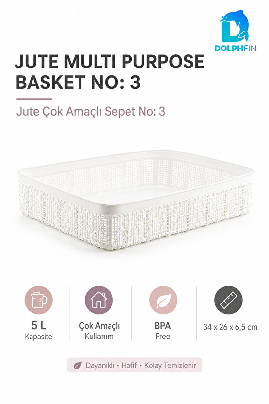 Jute Çok Amaçlı Sepet 5 L Mutfak Banyo Dolap İçi Saklama Düzenleyici Organizer 34x26x6,5 cm