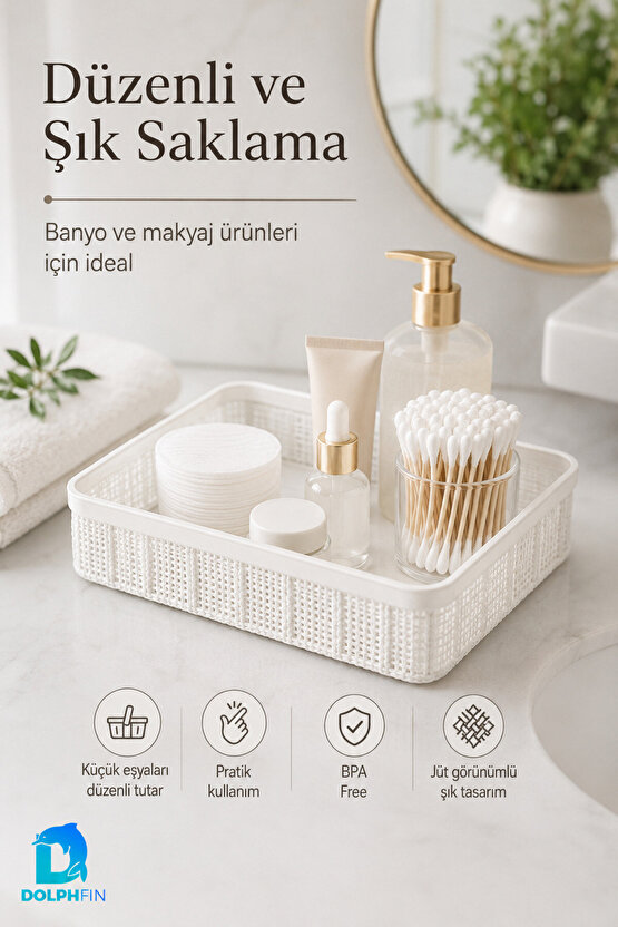 Jute Çok Amaçlı Sepet 2,5 L Mutfak Banyo Dolap İçi Saklama Organizeri 25x19x6,5 cm