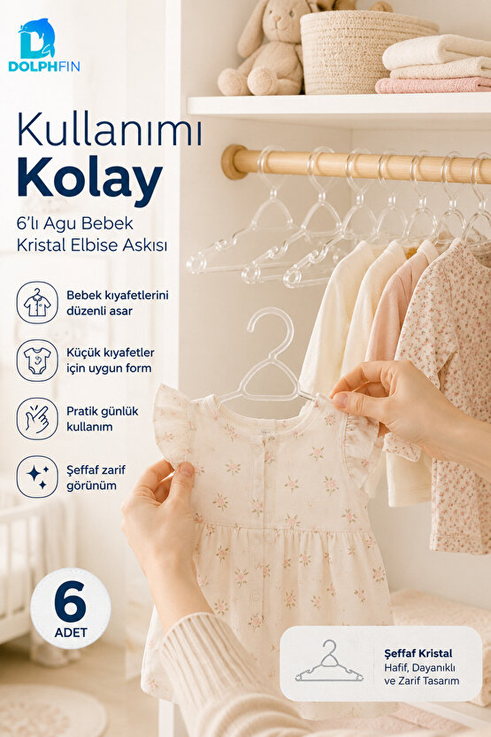 Kristal Bebe Askısı 6’lı Bebek Çocuk Kıyafet Askısı Şeffaf Plastik Dolap Düzenleyici Askı