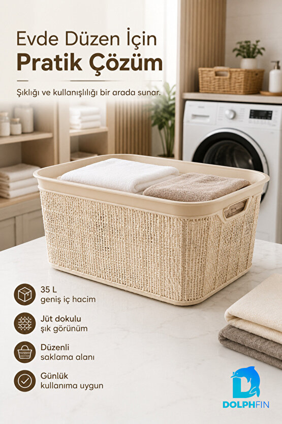 Jute Köşeli Sele Sepet 35 L 52,5x34,5x22,5 cm Çamaşır Oyuncak Saklama Taşıma Sepeti