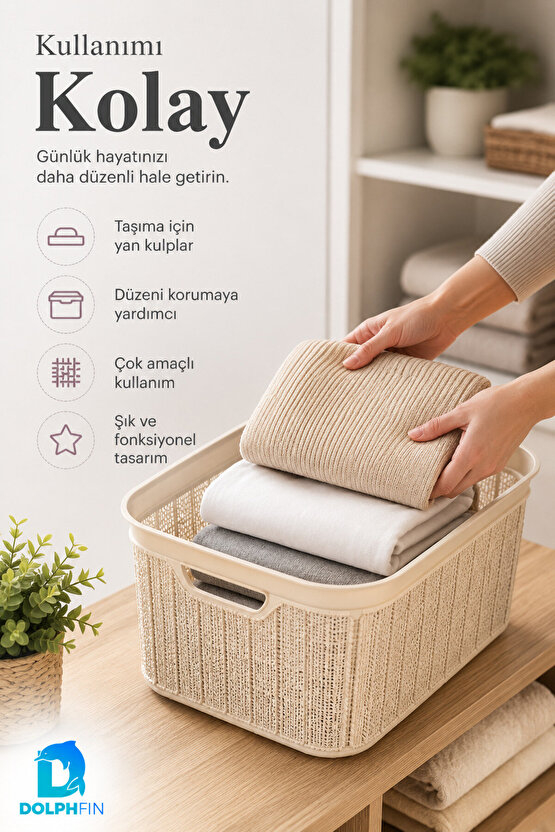 Jute Köşeli Sele Sepet 35 L 52,5x34,5x22,5 cm Çamaşır Oyuncak Saklama Taşıma Sepeti