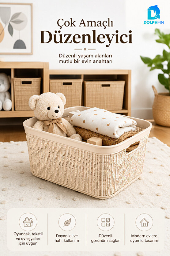 Jute Köşeli Sele Sepet 35 L 52,5x34,5x22,5 cm Çamaşır Oyuncak Saklama Taşıma Sepeti