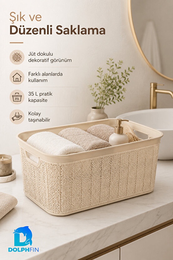 Jute Köşeli Sele Sepet 35 L 52,5x34,5x22,5 cm Çamaşır Oyuncak Saklama Taşıma Sepeti