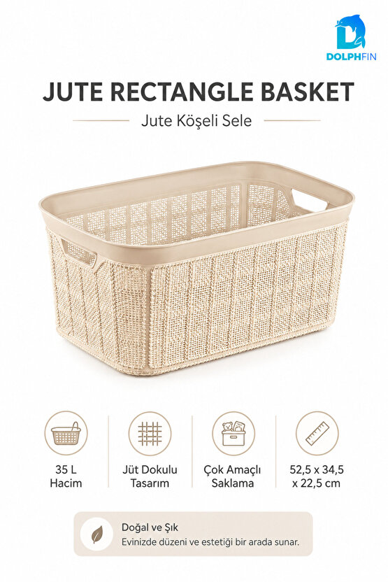 Jute Köşeli Sele Sepet 35 L 52,5x34,5x22,5 cm Çamaşır Oyuncak Saklama Taşıma Sepeti