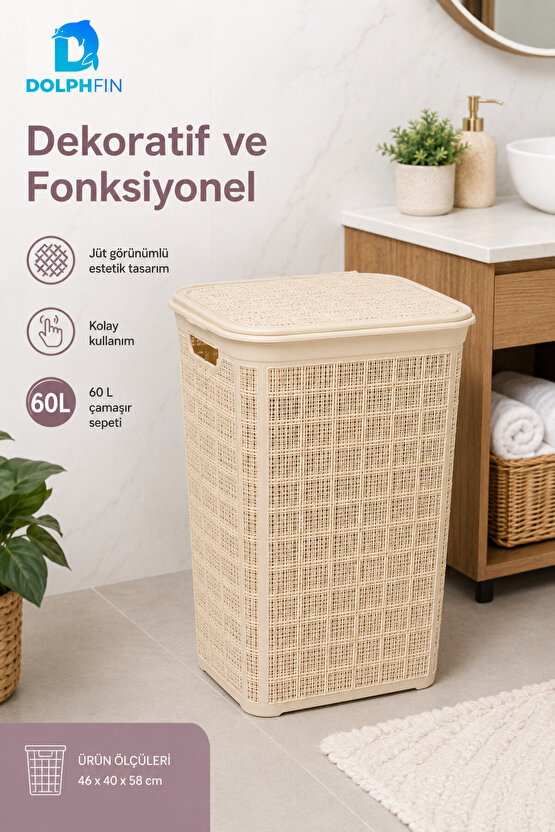 Jute Kirli Çamaşır Sepeti 60 L 46x40x58 cm Oyuncak Saklama Taşıma Banyo Düzenleyici Sepet