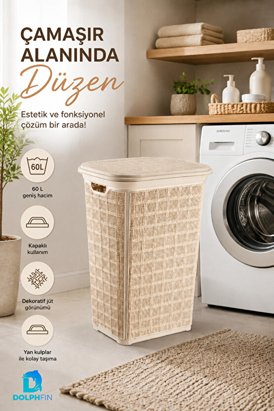 Jute Kirli Çamaşır Sepeti 60 L 46x40x58 cm Oyuncak Saklama Taşıma Banyo Düzenleyici Sepet