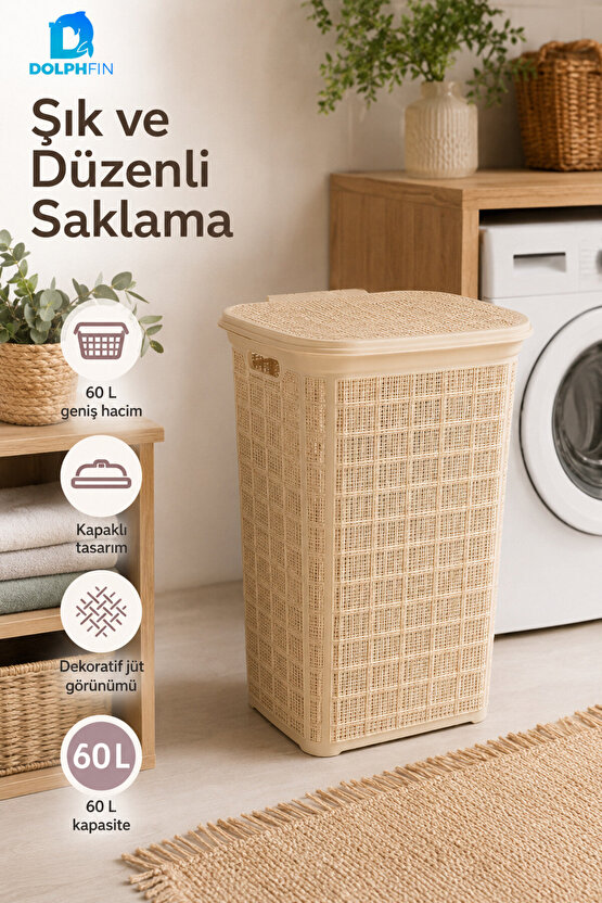Jute Kirli Çamaşır Sepeti 60 L 46x40x58 cm Oyuncak Saklama Taşıma Banyo Düzenleyici Sepet