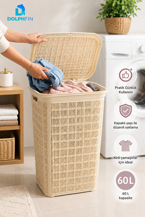 Jute Kirli Çamaşır Sepeti 60 L 46x40x58 cm Oyuncak Saklama Taşıma Banyo Düzenleyici Sepet