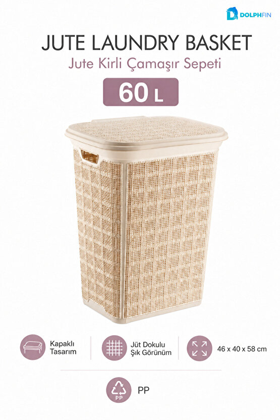 Jute Kirli Çamaşır Sepeti 60 L 46x40x58 cm Oyuncak Saklama Taşıma Banyo Düzenleyici Sepet