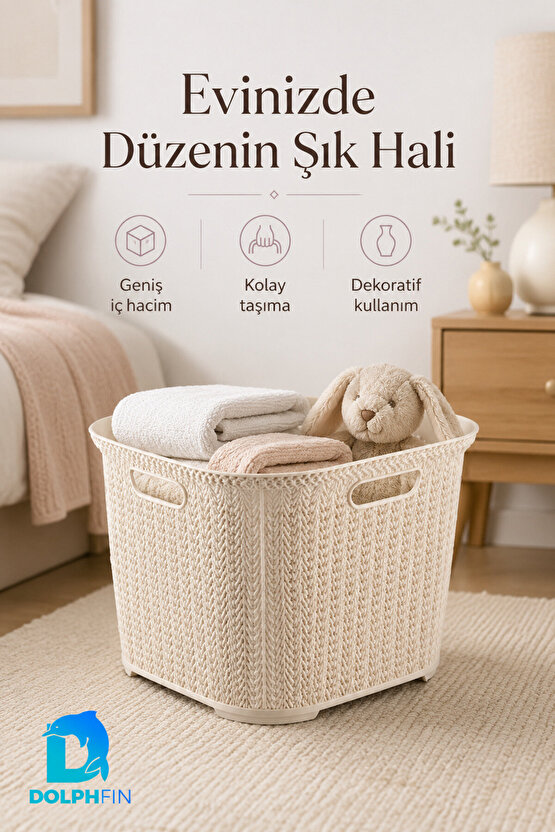 Örgü Kare Sele Sepet 42x42x32 cm Çamaşır Oyuncak Saklama Taşıma Çok Amaçlı Düzenleyici