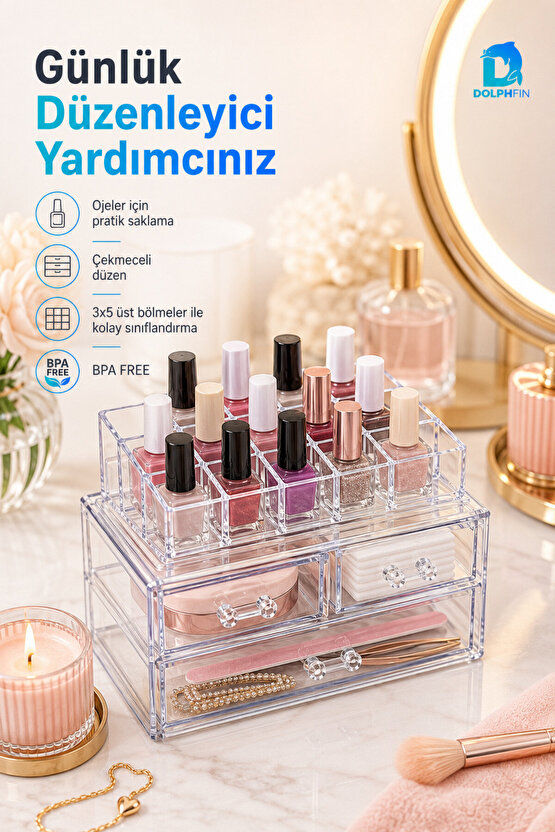 Üç Çekmeceli Oje Düzenleyici Makyaj Kozmetik Takı Ruj Organizeri 23x14x16 cm