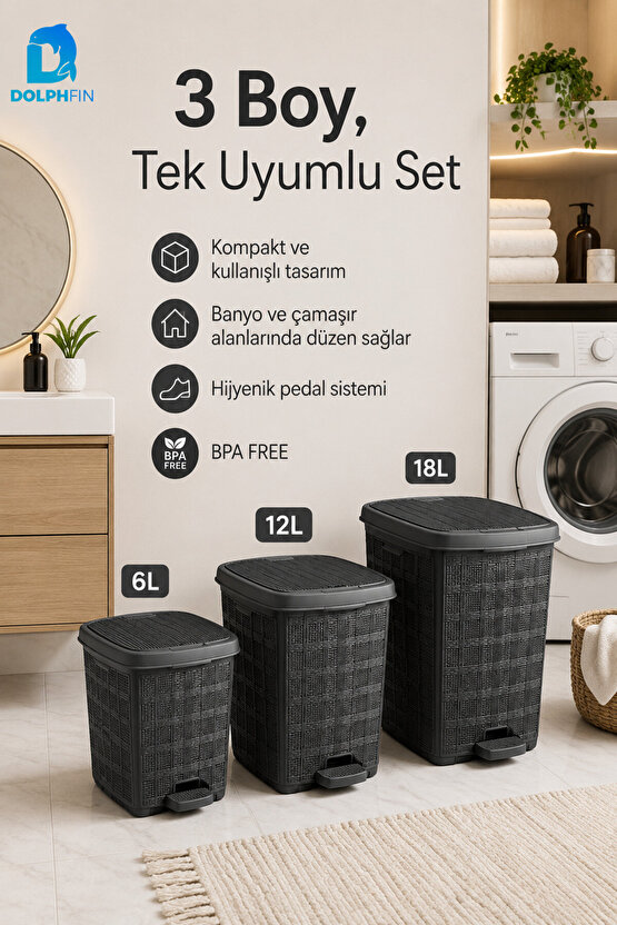 Jute 3’lü Pedallı Çöp Kovası Seti Kapaklı Büyük Boy Plastik Banyo Mutfak Ofis Atık Kovası