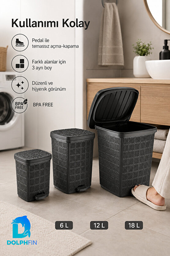 Jute 3’lü Pedallı Çöp Kovası Seti Kapaklı Büyük Boy Plastik Banyo Mutfak Ofis Atık Kovası