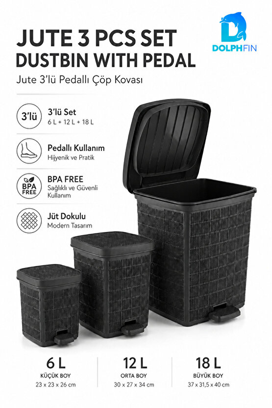 Jute 3’lü Pedallı Çöp Kovası Seti Kapaklı Büyük Boy Plastik Banyo Mutfak Ofis Atık Kovası