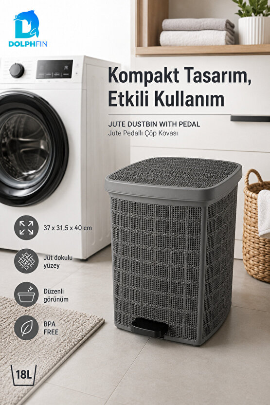 Jute Pedallı Çöp Kovası Kapaklı Büyük Boy Plastik Banyo Mutfak Ofis Atık Kovası 37x31,5x40 cm
