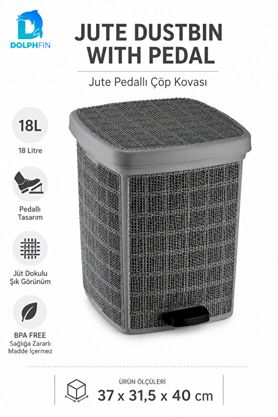 Jute Pedallı Çöp Kovası Kapaklı Büyük Boy Plastik Banyo Mutfak Ofis Atık Kovası 37x31,5x40 cm