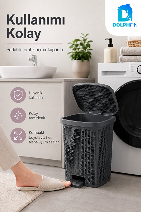 Jute Pedallı Çöp Kovası Kapaklı Plastik Banyo Mutfak Ofis Atık Kovası 30x27x34 cm