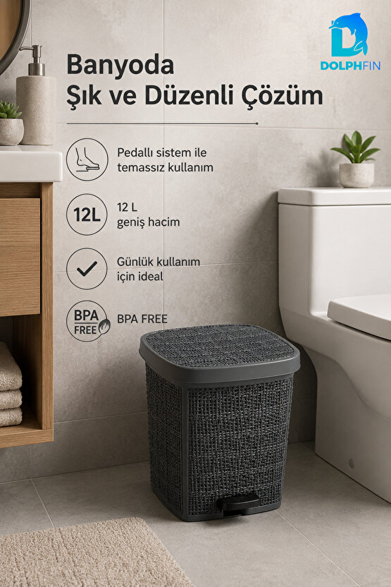 Jute Pedallı Çöp Kovası Kapaklı Plastik Banyo Mutfak Ofis Atık Kovası 30x27x34 cm