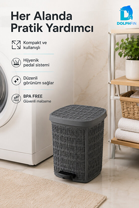 Jute Pedallı Çöp Kovası Kapaklı Plastik Banyo Mutfak Ofis Atık Kovası 30x27x34 cm