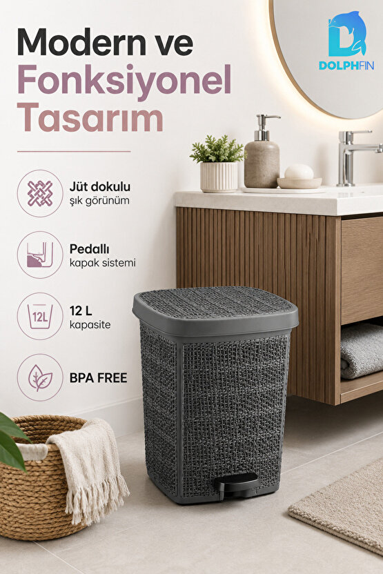 Jute Pedallı Çöp Kovası Kapaklı Plastik Banyo Mutfak Ofis Atık Kovası 30x27x34 cm