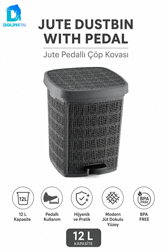 Jute Pedallı Çöp Kovası Kapaklı Plastik Banyo Mutfak Ofis Atık Kovası 30x27x34 cm