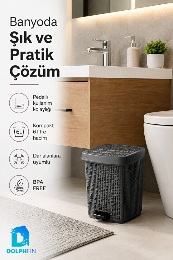 Jute Pedallı Çöp Kovası Kapaklı Banyo Mutfak WC Ofis Atık Kovası 23x23x26 cm