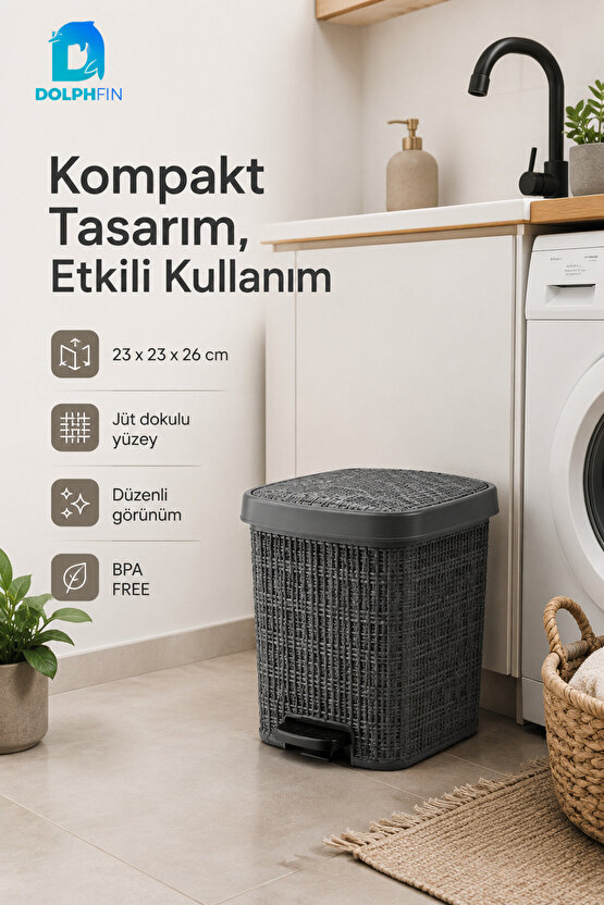 Jute Pedallı Çöp Kovası Kapaklı Banyo Mutfak WC Ofis Atık Kovası 23x23x26 cm