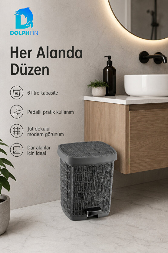 Jute Pedallı Çöp Kovası Kapaklı Banyo Mutfak WC Ofis Atık Kovası 23x23x26 cm