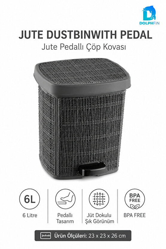 Jute Pedallı Çöp Kovası Kapaklı Banyo Mutfak WC Ofis Atık Kovası 23x23x26 cm