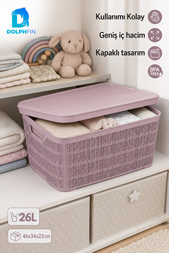 Jute Kapaklı Saklama Kutusu 26 L Plastik Mutfak Kiler Dolap İçi Organizer 46x34x23 cm