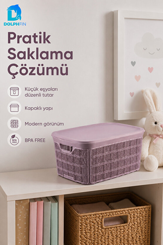 Jute Kapaklı Saklama Kutusu 18 L Plastik Mutfak Kiler Dolap İçi Organizer 31x43x19,5 cm