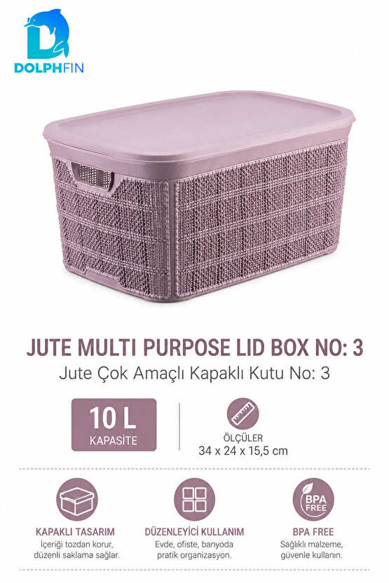Jute Kapaklı Saklama Kutusu 18 L Plastik Mutfak Kiler Dolap İçi Organizer 31x43x19,5 cm
