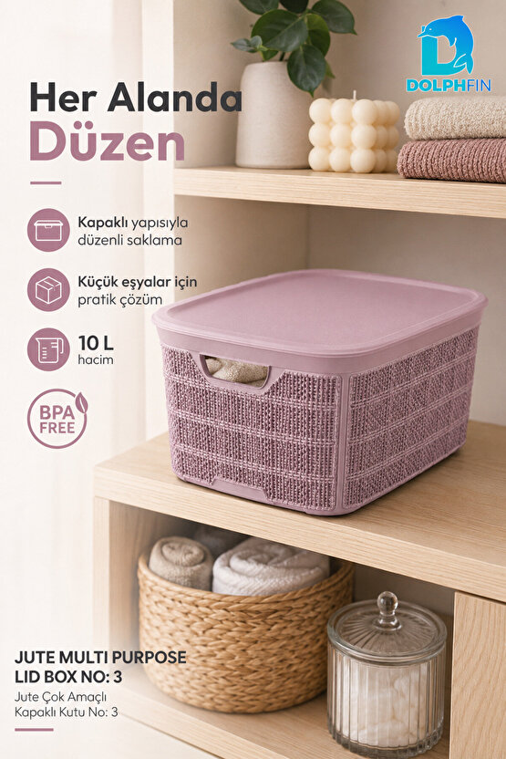 Jute Kapaklı Saklama Kutusu 10 L Plastik Mutfak Kiler Dolap İçi Organizer 34x24x15,5 cm